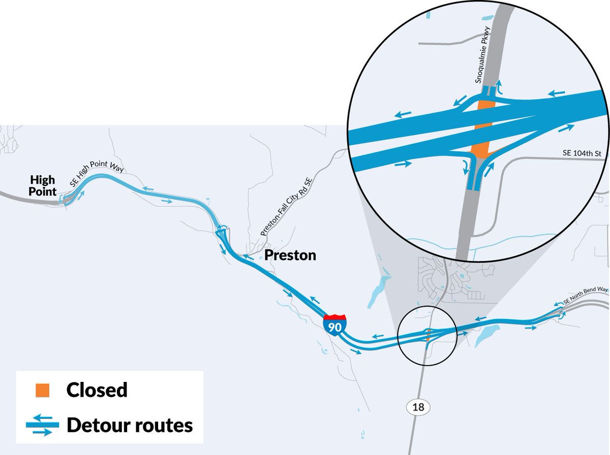 NEW DATES FOR SR 18 CLOSURE
We have rescheduled our 5-day closure of EB &amp; WB SR 18 beneath the I-90 bridges:

When – 9p Thurs (5/29) to 5a Wed (6/4)
Detour – Use EB &amp; WB I-90 &amp; loop around at nearby exits
Why – Building south end of new DDI
More: bit.ly/I90-SR18Interc…