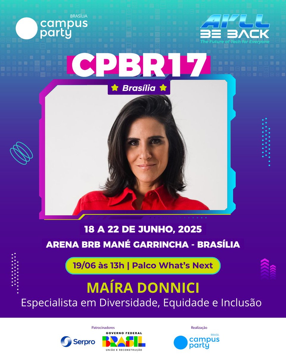 Confirmada na #CPBR17 19/06 às 13h: Maíra Donnici, jornalista, documentarista e especialista em diversidade e inclusão e autora do livro "Duas mães e uma filha". 📅 De 18 a 22/06, na Arena BRB Mané Garrincha, em Brasília. 🎟 bit.ly/CPBR17