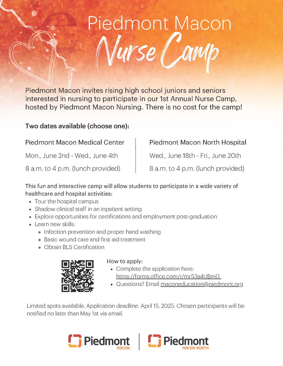 Bibb CTAE (@ctaebibb) on Twitter photo 🚨 Only 4 spots left! 🚨
Rising HS juniors & seniors: Join our FREE Nurse Camp <a href="/PiedmontMidGA/">PiedmontMaconHospitals</a> ! 🩺
📅 June 2–4 | 8AM–4PM
✅ Hands-on hospital activities
✅ BLS certification
✅ Lunch included
Apply now 👉 forms.office.com/r/mr53a4UBmG
Questions? maconeducation@piedmont.org
#NurseCamp 🚨 Only 4 spots left! 🚨
Rising HS juniors & seniors: Join our FREE Nurse Camp <a href="/PiedmontMidGA/">PiedmontMaconHospitals</a> ! 🩺
📅 June 2–4 | 8AM–4PM
✅ Hands-on hospital activities
✅ BLS certification
✅ Lunch included
Apply now 👉 forms.office.com/r/mr53a4UBmG
Questions? maconeducation@piedmont.org
#NurseCamp