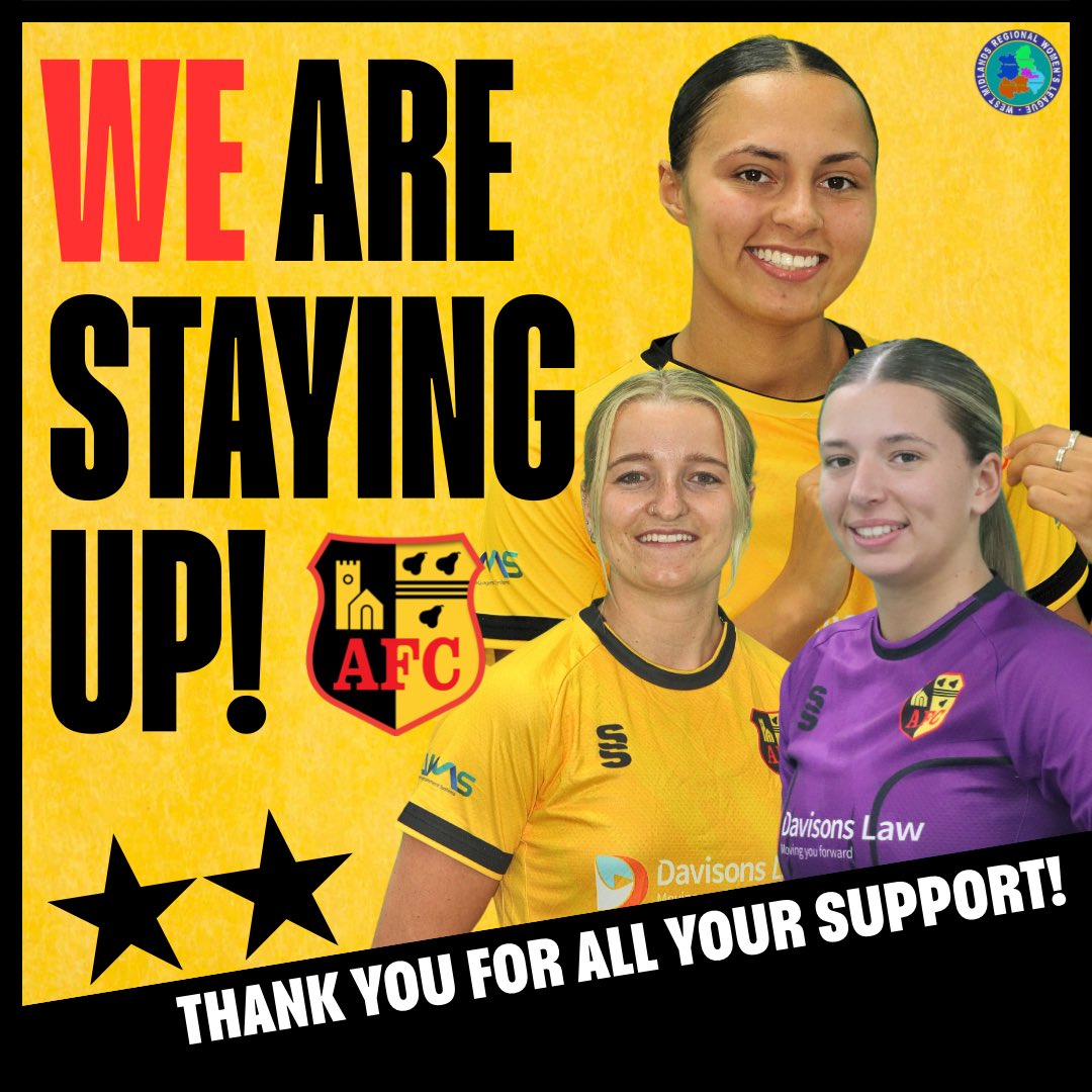 AlvechurchWomen's tweet photo. 𝐈𝐓’𝐒 𝐎𝐅𝐅𝐈𝐂𝐈𝐀𝐋! 😍

Following the conclusion of Solihull Sporting’s defeat at Shifnal Town, it means we are officially safe from relegation and retain our tier five status! 👏 

A big well done to the squad and the players for their excellent achievement! 🙌 https://t.co/Vgct7aKFdJ