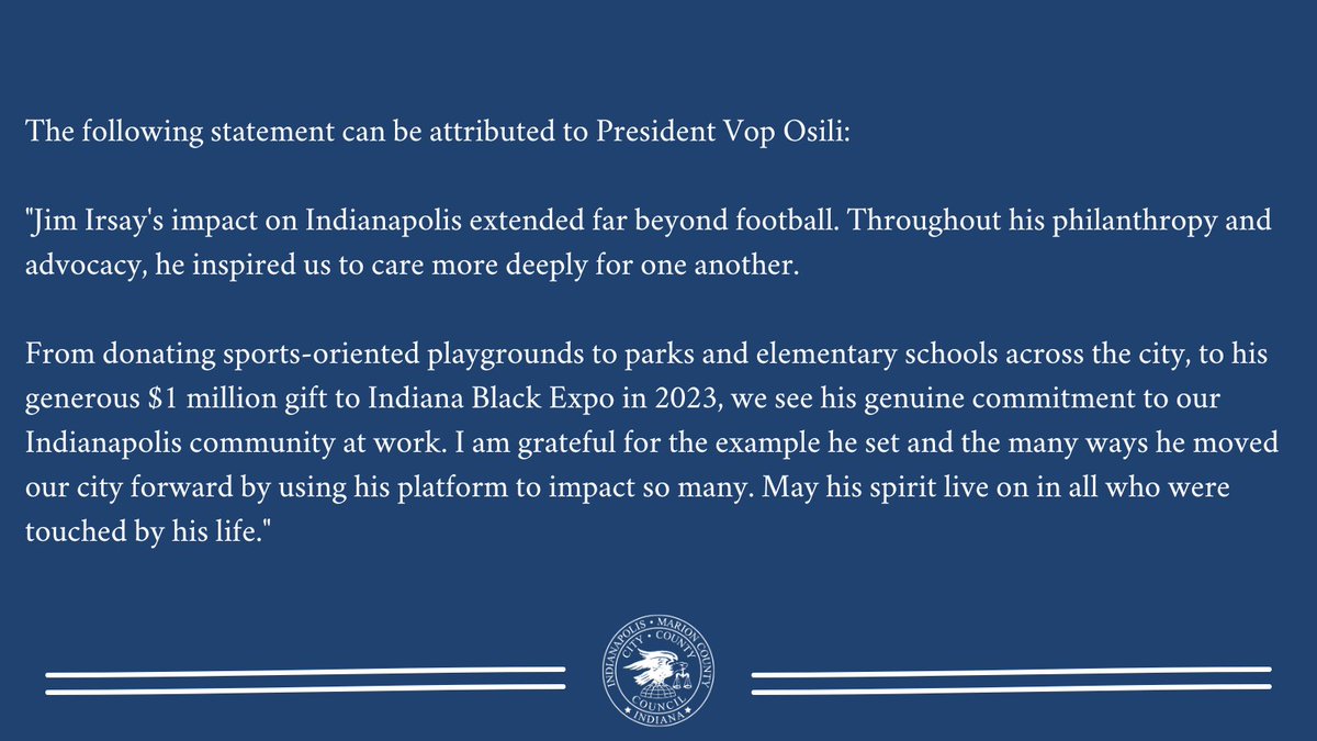 Indianapolis City-County Council (@indycouncil) on Twitter photo President Vop Osili released the following statement on the passing of Jim Irsay: President Vop Osili released the following statement on the passing of Jim Irsay: