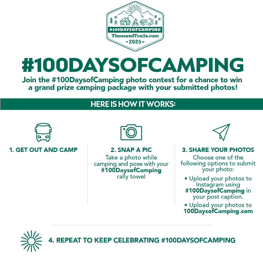 Thousand Trails (@thousandtrails) on Twitter photo Itās here! #100DaysofCamping has officially begun! š 
Donāt forget to snap a photo and enter our contest for a chance to win a camping prize package!  
Enter here: thousandtrails.com/100daysofcampi⦠Itās here! #100DaysofCamping has officially begun! š 
Donāt forget to snap a photo and enter our contest for a chance to win a camping prize package!  
Enter here: thousandtrails.com/100daysofcampiā¦