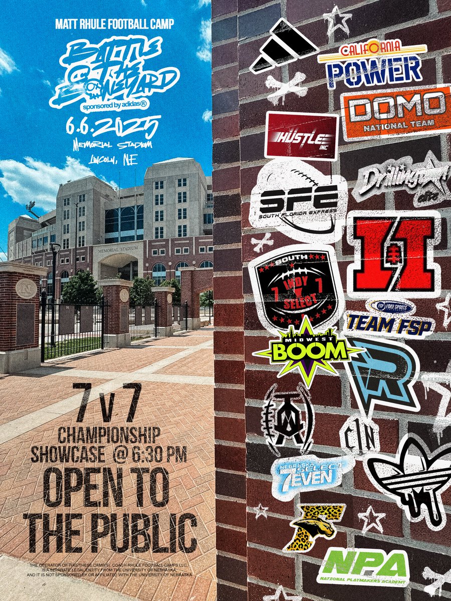 Nebraska Football (@huskerfootball) on Twitter photo The nation’s best are stepping into the Sea of Red. 🌊🔴
Join us on June 6th for the 7 v. 7 Battle at the Boneyard sponsored by <a href="/adidasFballUS/">adidas Football US</a>.
🏟 Memorial Stadium
🏆 Championship Showcase begins at 6:30 PM.
🎟️ Free admission The nation’s best are stepping into the Sea of Red. 🌊🔴
Join us on June 6th for the 7 v. 7 Battle at the Boneyard sponsored by <a href="/adidasFballUS/">adidas Football US</a>.
🏟 Memorial Stadium
🏆 Championship Showcase begins at 6:30 PM.
🎟️ Free admission