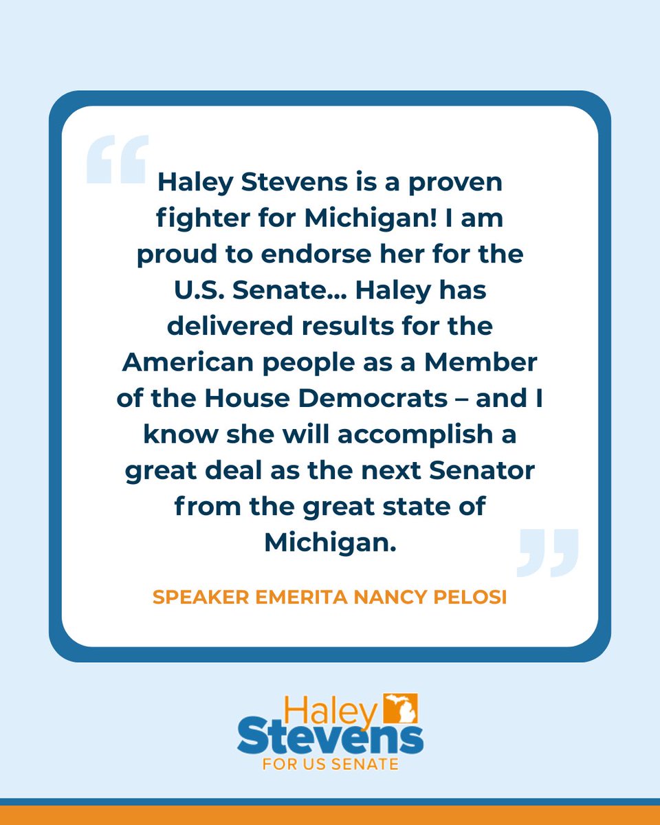 Haley Stevens (@haleylive) on Twitter photo I am so proud to have Speaker Emerita Pelosi’s support in this race. I’ve spent my life fighting for Michigan – from helping save 200,000 jobs during the auto rescue to passing the CHIPS Act. I look forward to working with <a href="/TeamPelosi/">Nancy Pelosi</a> to stand up to the Trump-Musk chaos agenda, I am so proud to have Speaker Emerita Pelosi’s support in this race. I’ve spent my life fighting for Michigan – from helping save 200,000 jobs during the auto rescue to passing the CHIPS Act. I look forward to working with <a href="/TeamPelosi/">Nancy Pelosi</a> to stand up to the Trump-Musk chaos agenda,