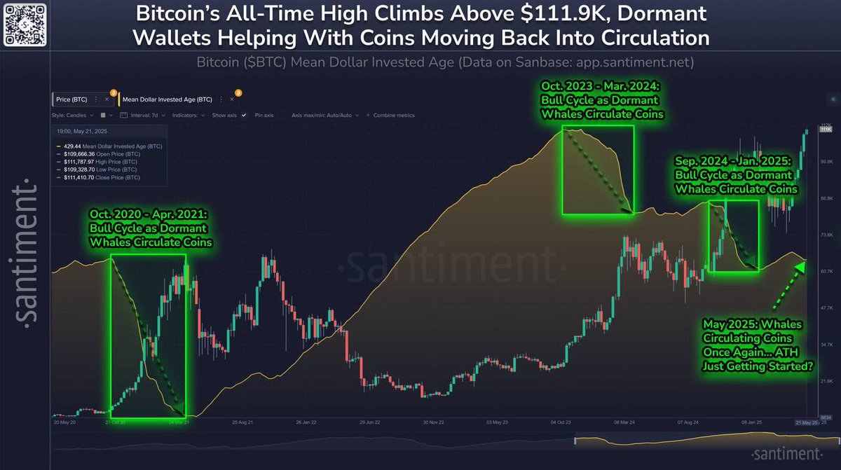 🚨 BREAKING: 🔥 Bitcoin raggiunge un nuovo massimo storico di $111,9K mentre l'età media del dollaro cala: i dati on-chain indicano un'accelerazione del ciclo toro!