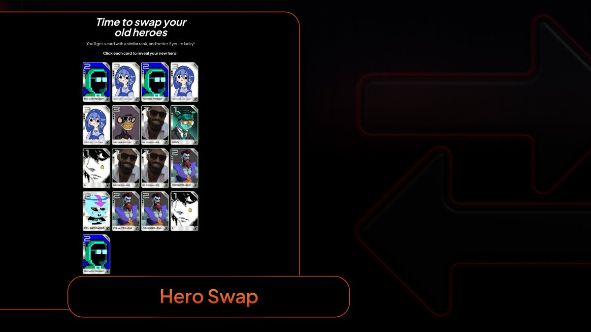 Hero Swap is now live 🔄

Some legends rotate out, new contenders step in. 

Old Heroes can now be swapped for similarly ranked Heroes; if you’re lucky, you may get up to a 100 rank Hero!

Exclusive Tactics Heroes will be added to Tactics game modes and available to play starting