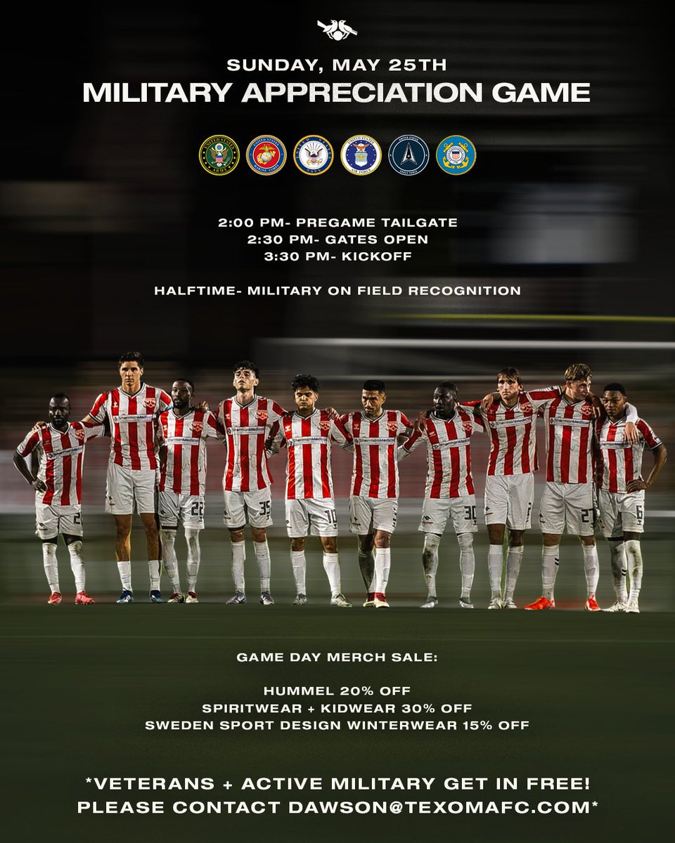 Texoma FC (@usltexoma) on Twitter photo Don't miss out on TFC's Military Appreciation Game this Sunday‼
All active military members and veterans get in for free! Please contact DAWSON@TEXOMAFC.COM
🎟: vivenu.com/event/texoma-f…
#WeAreTexomaFC #VamosTexoma #USLLeagueOne #MilitaryAppreciation Don't miss out on TFC's Military Appreciation Game this Sunday‼
All active military members and veterans get in for free! Please contact DAWSON@TEXOMAFC.COM
🎟: vivenu.com/event/texoma-f…
#WeAreTexomaFC #VamosTexoma #USLLeagueOne #MilitaryAppreciation