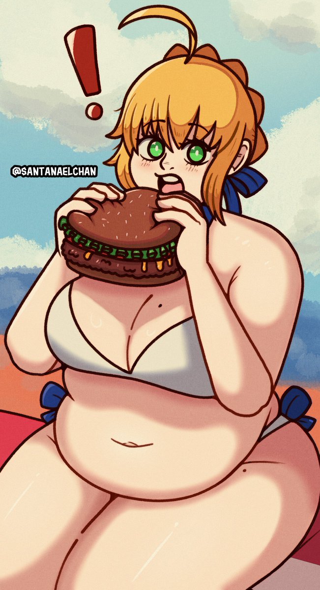 What If Saber From The Fate Franchise Was Chubby And Enjoying A Tasty Burger On The Beach