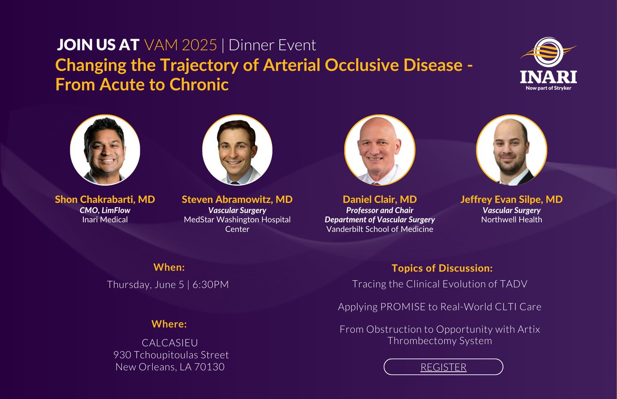 Join Inari Medical for an Exclusive Learn &amp; Dine at #VAM25 in New Orleans!

Discover the latest in vascular care as we explore:
- Tracing the Clinical Evolution of #TADV
- Applying #PROMISE to Real-World #CLTI Care
- Opportunity in arterial thrombectomy with #Artix

Don’t miss