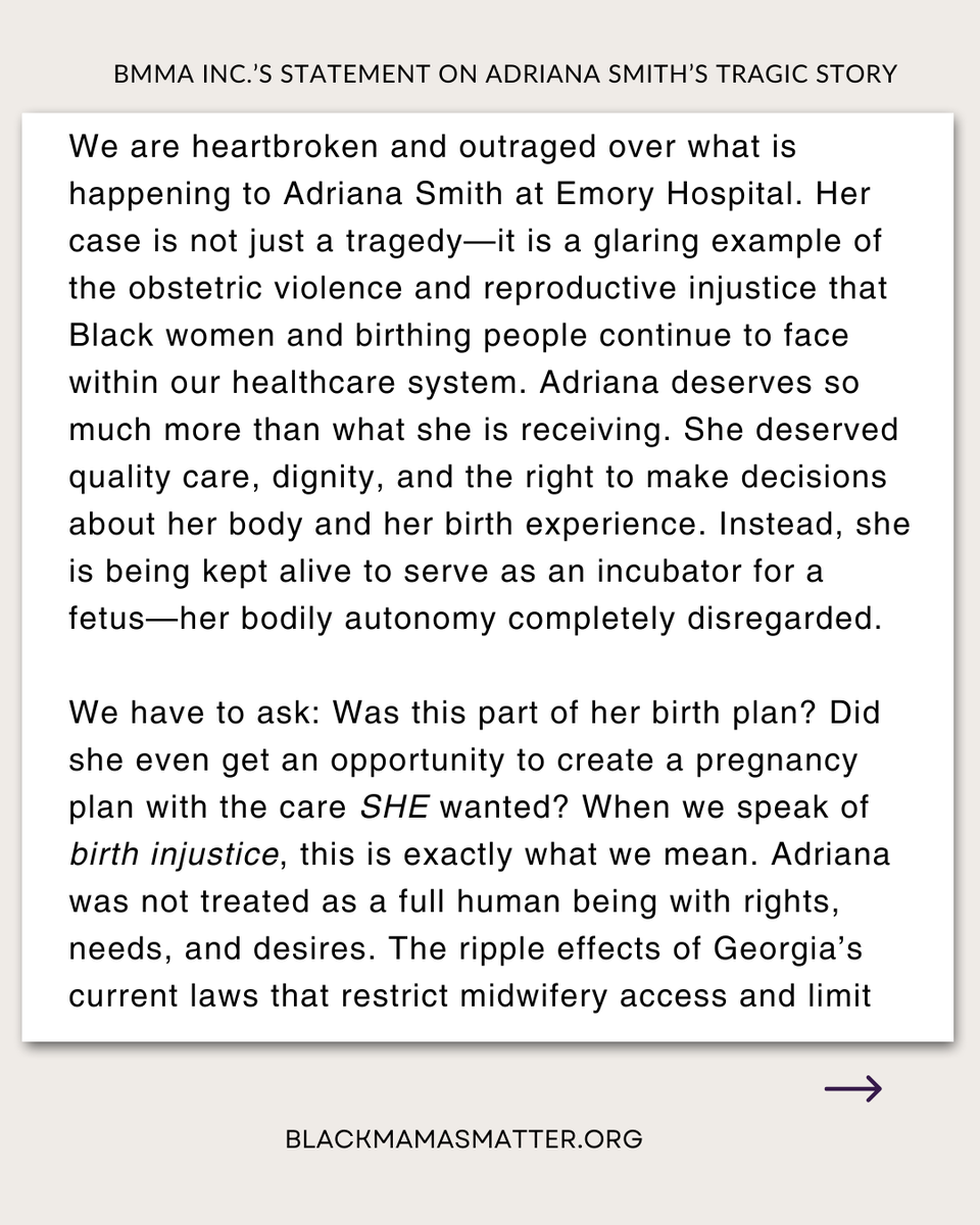 BlkMamasMatter's tweet photo. "...We say it often at BMMA: we are not just doing this work for Black Mamas—we are the Black Mamas. Adriana Smith was one of us. A nurse. A caregiver. A Black woman committed to healing her community. Her loss is not only heartbreaking—it’s a systemic failure..." https://t.co/Gr5LRG4xcT