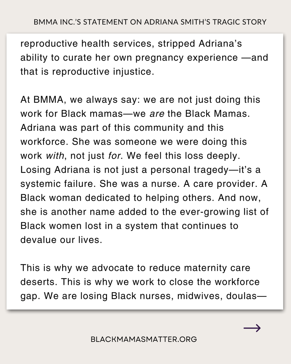 BlkMamasMatter's tweet photo. "...We say it often at BMMA: we are not just doing this work for Black Mamas—we are the Black Mamas. Adriana Smith was one of us. A nurse. A caregiver. A Black woman committed to healing her community. Her loss is not only heartbreaking—it’s a systemic failure..." https://t.co/Gr5LRG4xcT