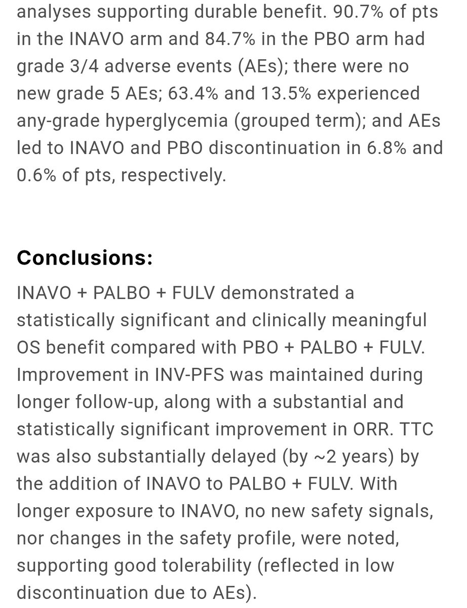 🔥 Big Win in HR+/HER2– Breast Cancer!
Final #INAVO120 results at #ASCO25 show OS benefit with INAVO + PALBO + Fulvestrant in PIK3CA-mutated, endocrine-resistant ABC:
✅ OS: 34.0 vs 27.0 mo
✅ HR 0.67 | p = 0.019
✅ INV-PFS: 17.2 vs 7.3 mo
✅ ORR: 62.7% vs 28%
✅ TTC delay: ~2