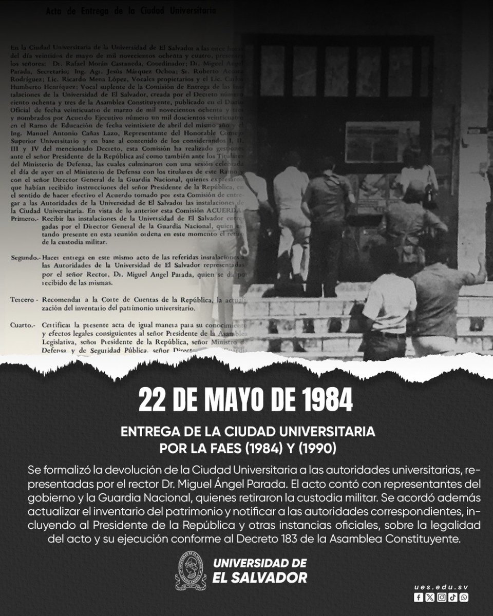 ⚡ Memoria UES: Hoy recordamos la entrega de la Ciudad Universitaria, luego de la intervención militar. No olvidamos que la autonomía universitaria se defiende. 🛡️  📜