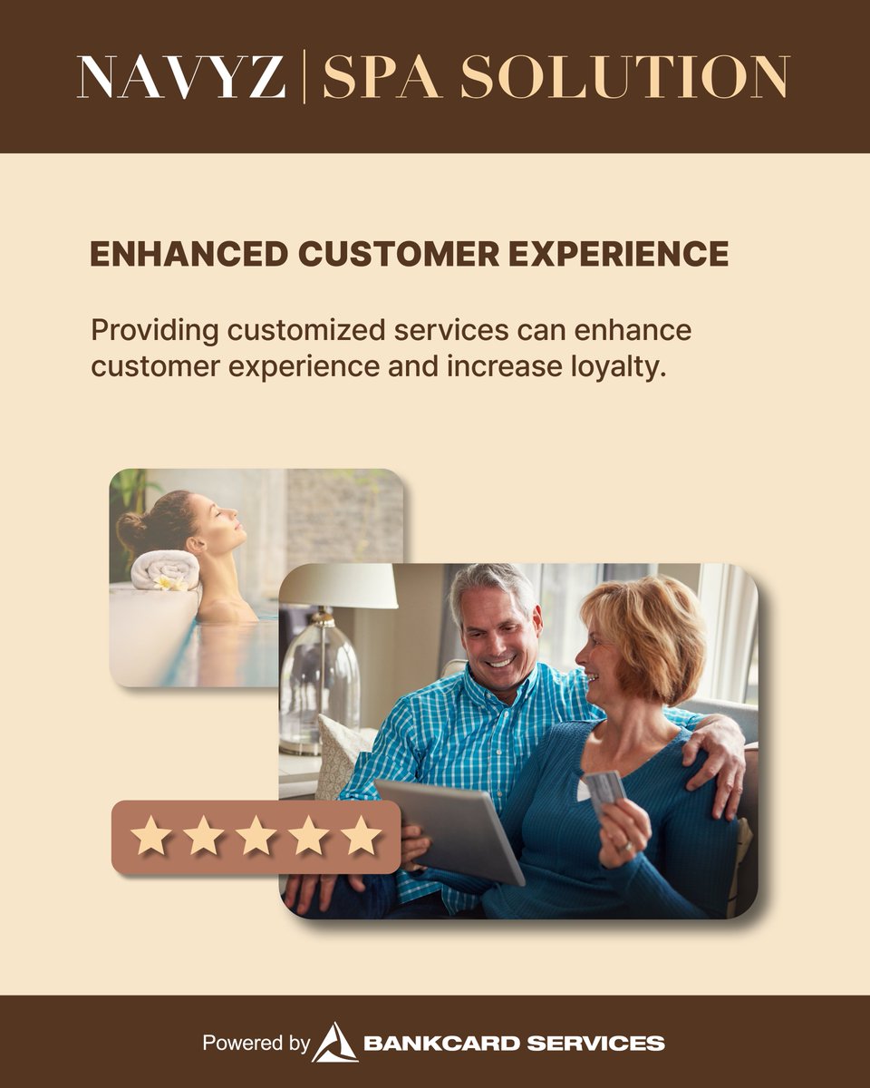 Advantages and Value to NAVYZ's Spa Solution 🌟

💻: ALL-IN-ONE SPA SOLUTION

📝: REAL-TIME DECISION MAKING

✔: EFFICIENT RESOURCE UTILIZATION

📊: OPTIMIZATION OF MARKETING STRATEGIES

⭐: ENHANCED CUSTOMER EXPERIENCE

Contact us at NAVYZ.com!