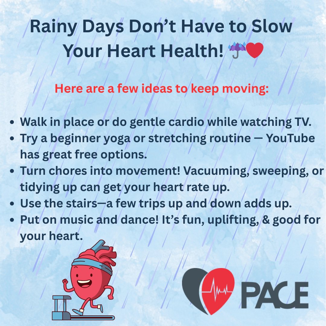 pace_cardiology's tweet photo. Rainy Days Don’t Have to Slow Your Heart Health!
#HeartHealth #HealthyHeart #CardioCare
#HeartSmart #LoveYourHeart #RainyDayWorkout
#IndoorExercise #MoveMore #StayActive
#Cardiologist #CardiologyCare @heartablator https://t.co/mLevPvWLOE