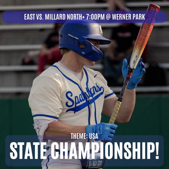 ITS THE STATE CHAMPIONSHIP 🔥⚾️

EAST VS. MILLARD NORTH 

⏰: 7:00PM
📍: WERNER PARK
🗓️: FRIDAY, MAY 23

THEME: USA 🇺🇸 

BE THERE!!!😤

*ALL ATTENDEES MUST PURCHASE A TICKET*