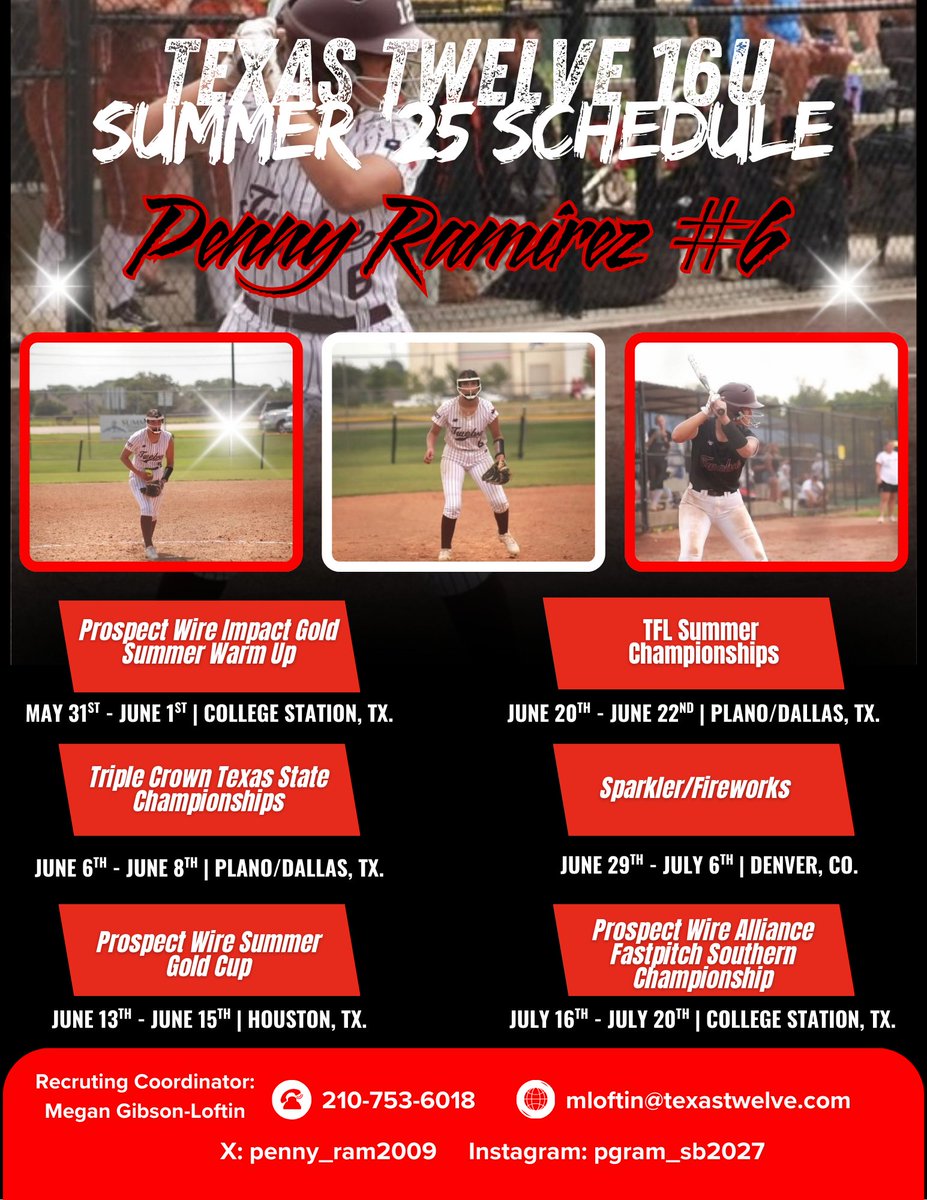 Come watch Texas Twelve 16U compete this summer!
<a href="/TwelveRecruitSB/">Texas Twelve Recruiting Softball</a> <a href="/CoachJaegersSFA/">Melanie Jaegers</a> <a href="/hunter_bunch10/">Hunter Bunch</a> <a href="/torismith_6/">Tori Smith</a> <a href="/caseydickson717/">Casey Dickson</a> <a href="/CoachReedUTTSB/">Mike Reed</a> <a href="/CoachMcKenneyLU/">Tara McKenney</a> <a href="/CoachGJCary/">Gregory Cary</a> <a href="/TessSoefje/">TessSoefje</a> <a href="/joycewellhoefer/">Joyce Wellhoefer</a> <a href="/MvpPate/">MVP Pitching - Kendra Pate</a>