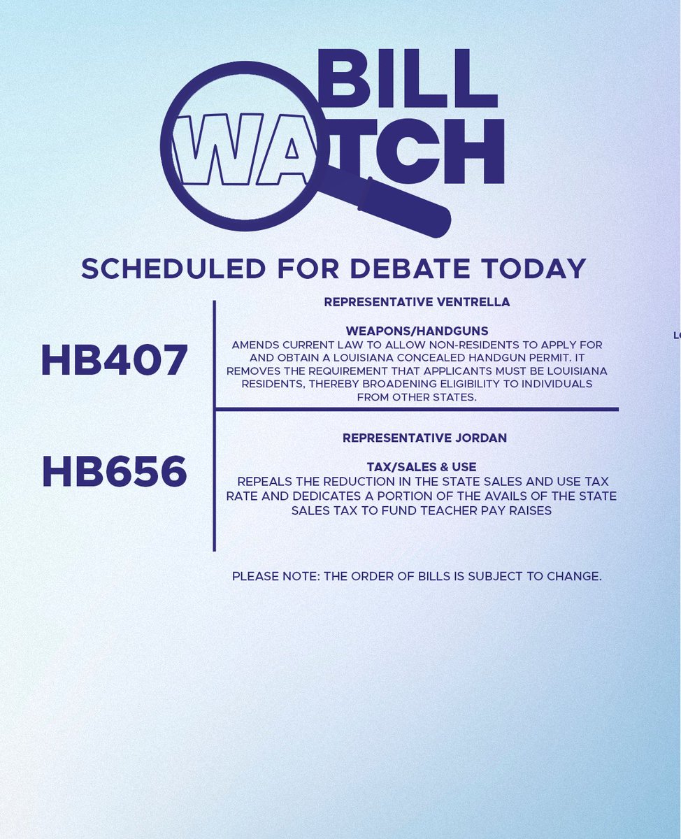 #BillWatch—current bills being discussed today on the floor. Tune in via the LALEGE app.

#lalege