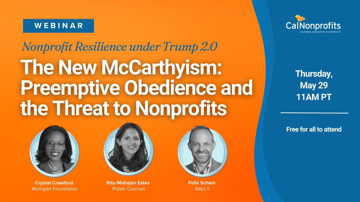 Nonprofits are facing pressure to stay silent—but our missions &amp; democracy are at stake. Join us on May 29 to hear sector leaders share strategies to resist fear, protect civic engagement, and defend our role in building a just society.   

➡️ RSVP here: business.calnonprofits.org/ap/Events/Regi…