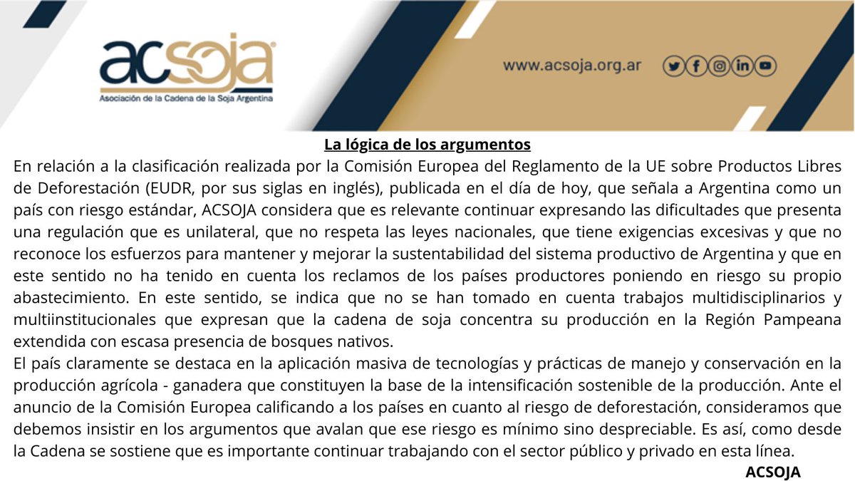 📢Comunicado en relación a la publicación de la clasificación de riesgo país en materia de deforestación por parte de la Comisión Europea - Reglamento de la UE sobre Productos Libres de Deforestación (EUDR). 
acsoja.org.ar/comunicado-la-…