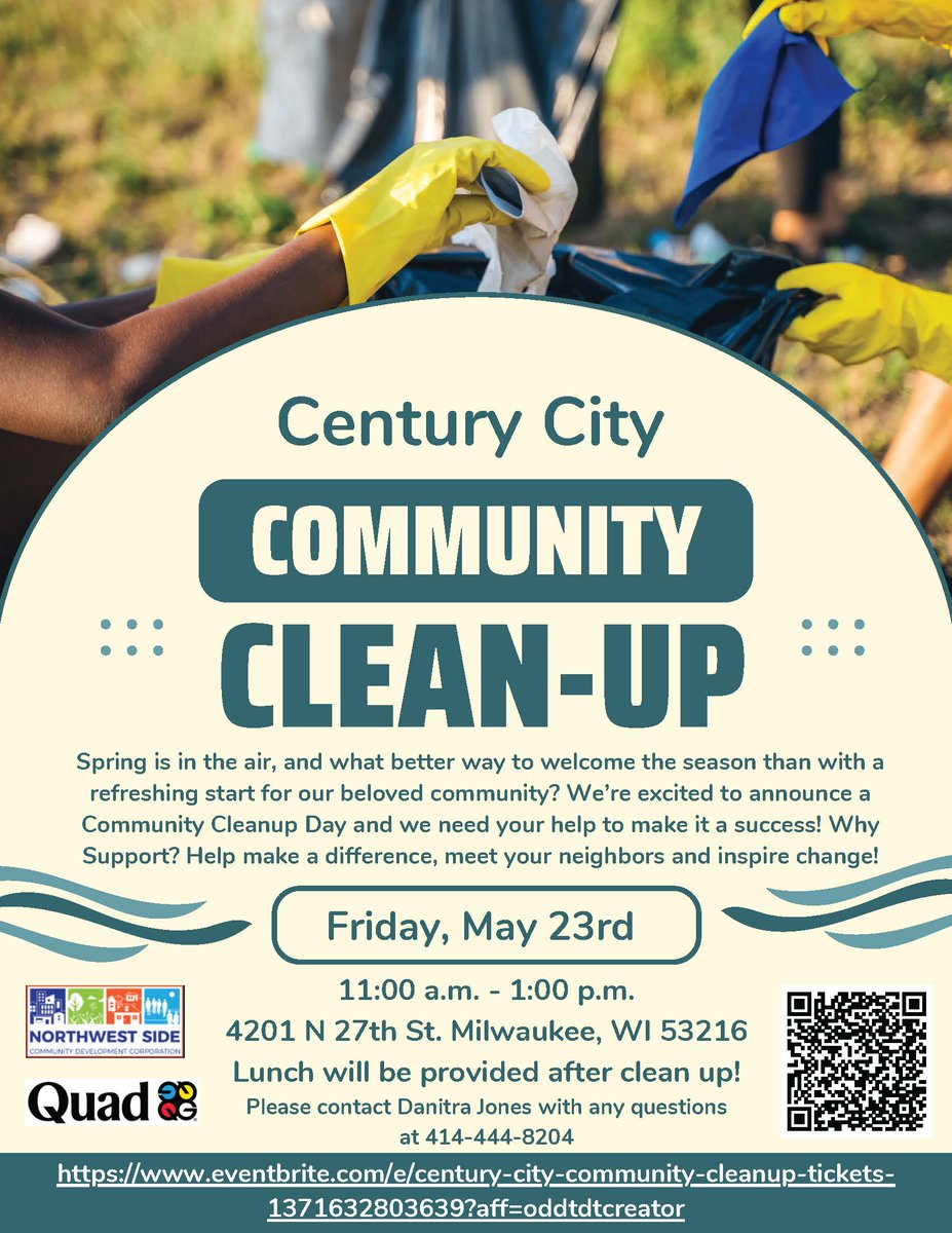 Join NWSCDC and Quad MKE for a spring cleanup along North 27th Street tomorrow (5/23)! Follow the link to RSVP: eventbrite.com/e/century-city…