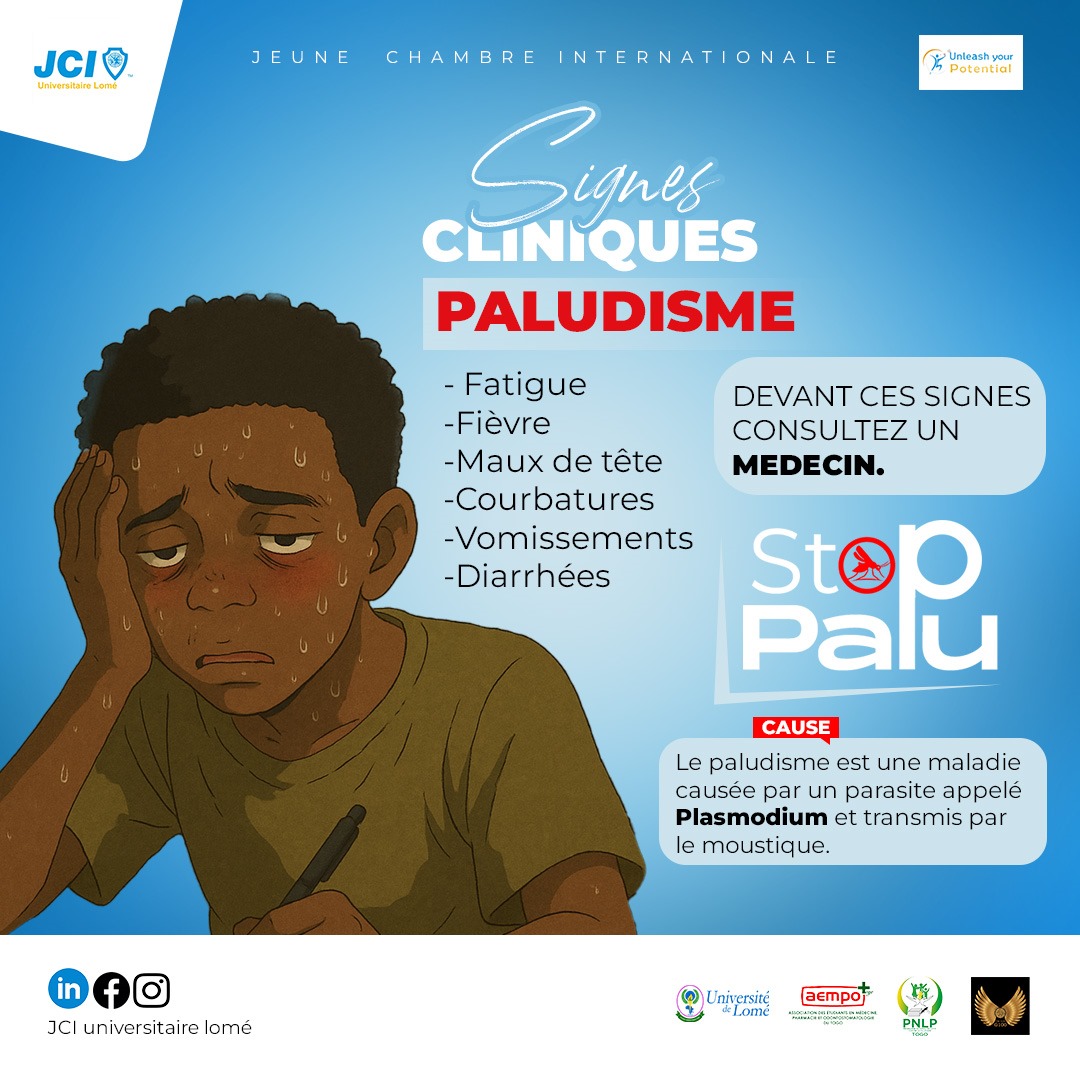 🚨🚨 STOP PALU 🚨🚨
Le paludisme est une maladie parasitaire causée par le plasmodium transmis par le moustique. 
Consultez un médecin en cas de : fièvre, maux de tête, fatigue, courbatures, vomissements diarrhées.
#JCIUL #CasedeSanté2025 #UL #aempotogo #G100 #PNLP #aempolome