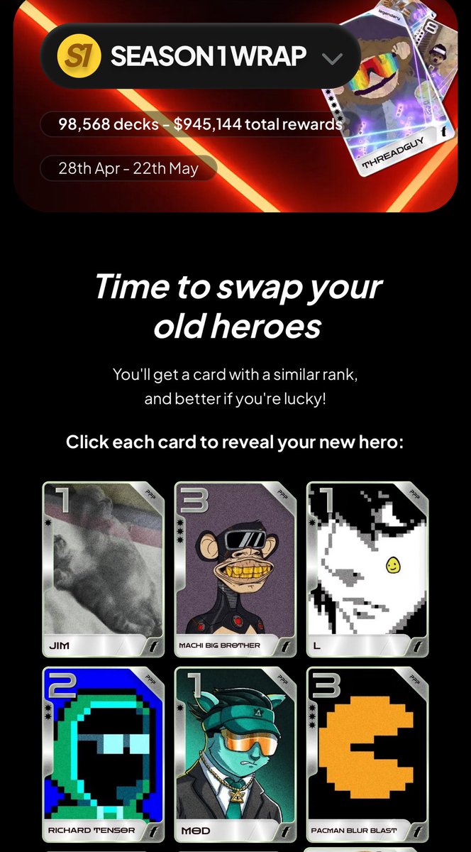 In the <a href="/fantasy_top_/">fantasy.top</a> season wrap-up the hero swap card flip is an awesome experience. 

My only recommendation is maybe make the new card a different color. But overall really fun and a smooth experience.