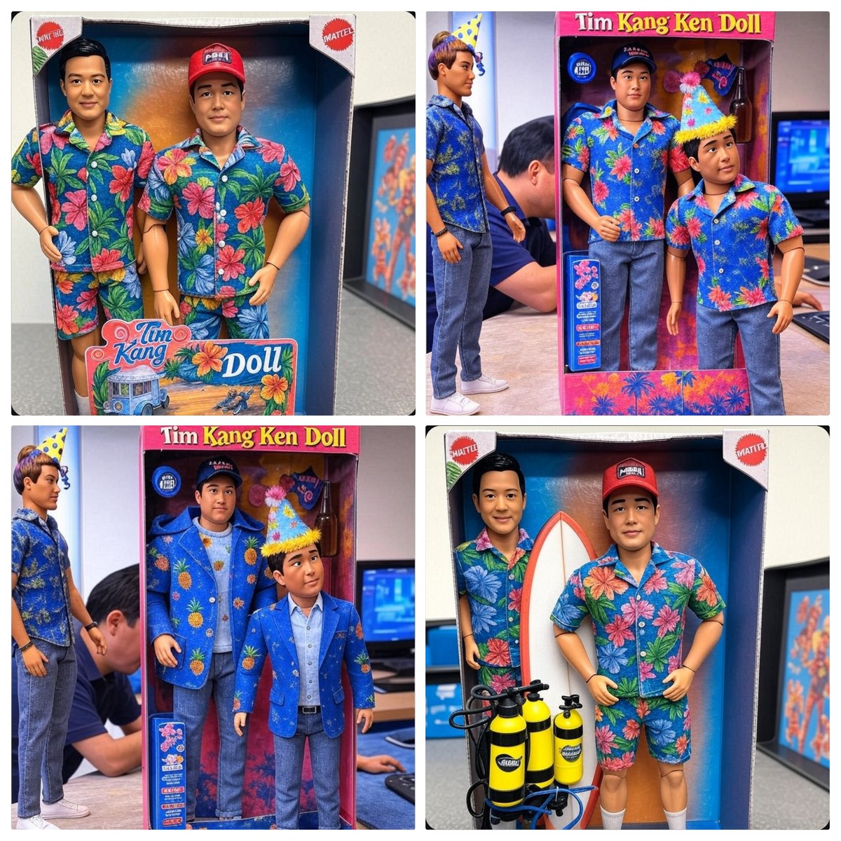 lmk66's tweet photo. If @Mattel made a real @Tim__Kang Ken Doll, which would you like? After all, #TimKang is a living doll. Makes it so hard to choose. #TeamTim #KenDoll #Mattel #Barbie #MadeWithAI #MadewithGrok #Katsumoto #Pineapple #MagnumPI #Hawaii https://t.co/nN2Szi5cOL