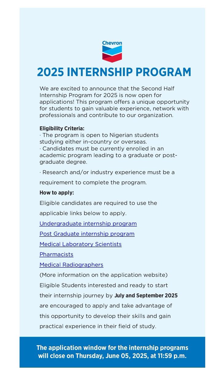 Internship opportunity at Chevron for both undergraduate and post graduate students. 

Deadline: 5th June 2025.