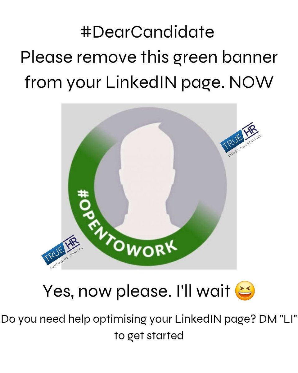 JustJenipha's tweet photo. @TrueHR1 
#DearCandidate 
Some things appear like they're there to help, and they might really want to, BUT they're actually doing quite the opposite. That's what this Green Banner does. If you're serious about your brand and optimising #LinkedIN, send a DM now. https://t.co/TSlpq1lSNZ