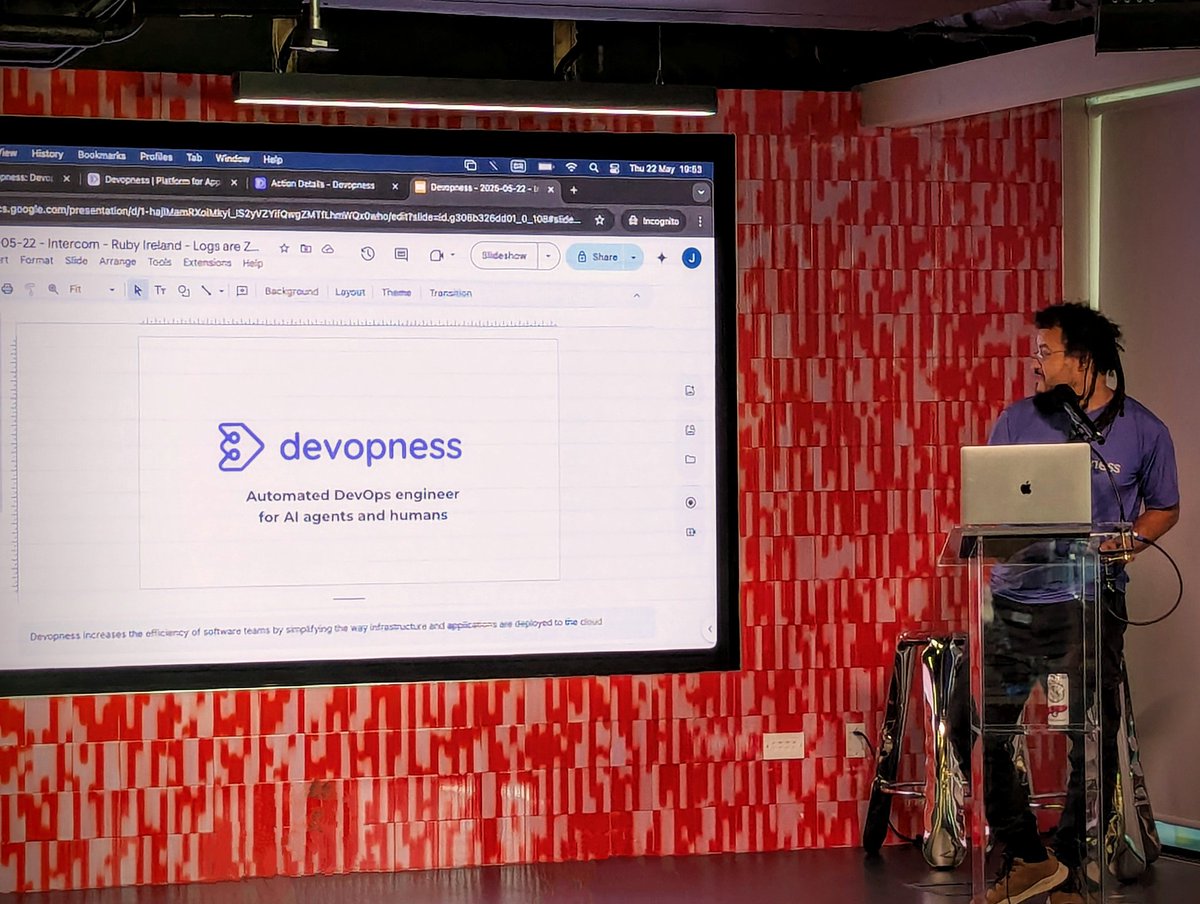 rubyireland (@rubyireland) on Twitter photo Are meetup live demos risky? 😅 Absolutely not... as  Jeferson Oliveira breezes through a showcasing of the deployment powers of <a href="/devopness/">Devopness</a>! #rubyirl Are meetup live demos risky? 😅 Absolutely not... as  Jeferson Oliveira breezes through a showcasing of the deployment powers of <a href="/devopness/">Devopness</a>! #rubyirl