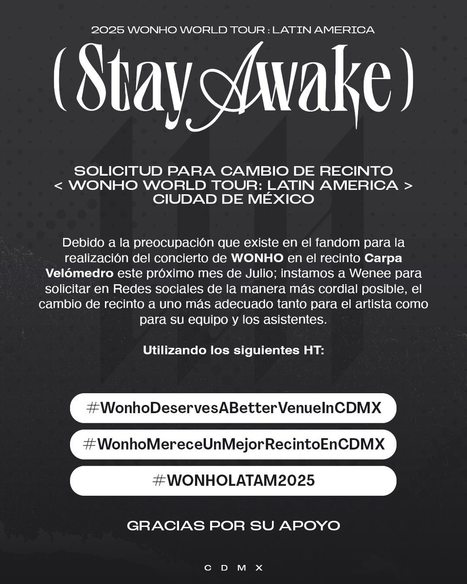 [ SOLICITUD ] Cambio de recinto para el Tour de #WONHO en 📍CDMX 

#WonhoDeservesABetterVenueInCDMX
#WonhoMereceUnMejorRecintoEnCDMX
#WONHOLATAM2025

<a href="/MondayLab_Latam/">MondayLab_LATAM</a> <a href="/Highline_Ent/">HIGHLINE ENTERTAINMENT</a>