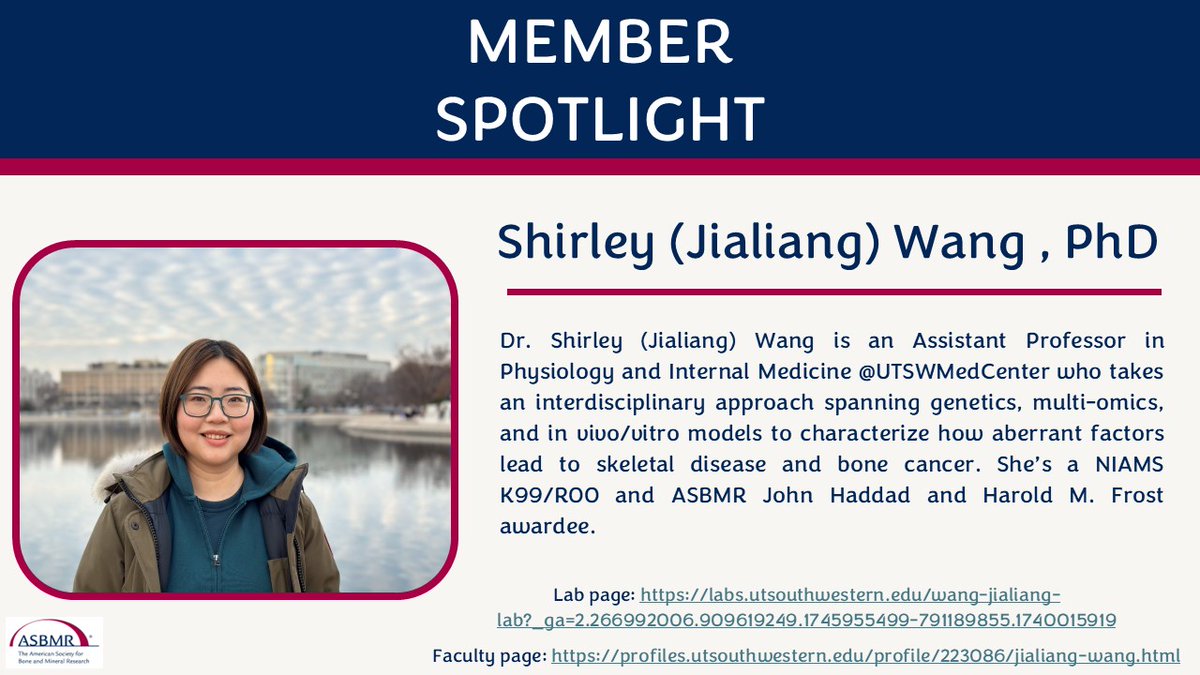 This month, <a href="/ASBMR/">ASBMR</a> celebrates superstar bone researcher Dr. Shirley Wang at <a href="/UTSWMedCenter/">UT Southwestern Medical Center</a> who uses genetics, multi-omics &amp; model systems to uncover drivers of skeletal disease &amp; bone cancer! #ASBMR #memberspotlight #AAPI 🌟🦴