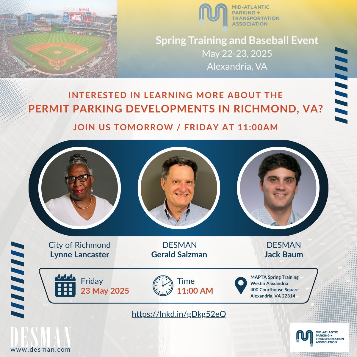 desmanparking's tweet photo. At #MAPTA2025? Don’t miss Friday’s 11AM session on Richmond’s permit parking developments with @CityRichmondVA + DESMAN’s team.
📍 Westin Alexandria
#RichmondVA #ParkingStrategy #Transportation https://t.co/6AJOVataie