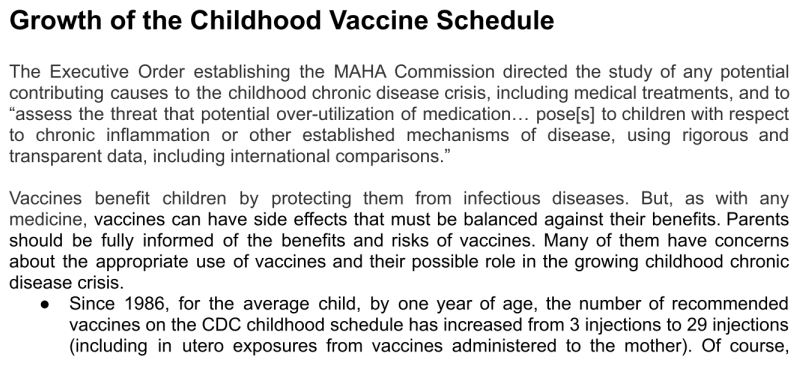 CitizensMAHA's tweet photo. Growth of the Childhood Vaccine Schedule and the National Childhood Vaccine Injury Act of 1986 are  implicated as one of the main potential drivers of the children's chronic disease crisis, according to the MAHA Commission's report. #MAHA https://t.co/o9mlhDXG4n