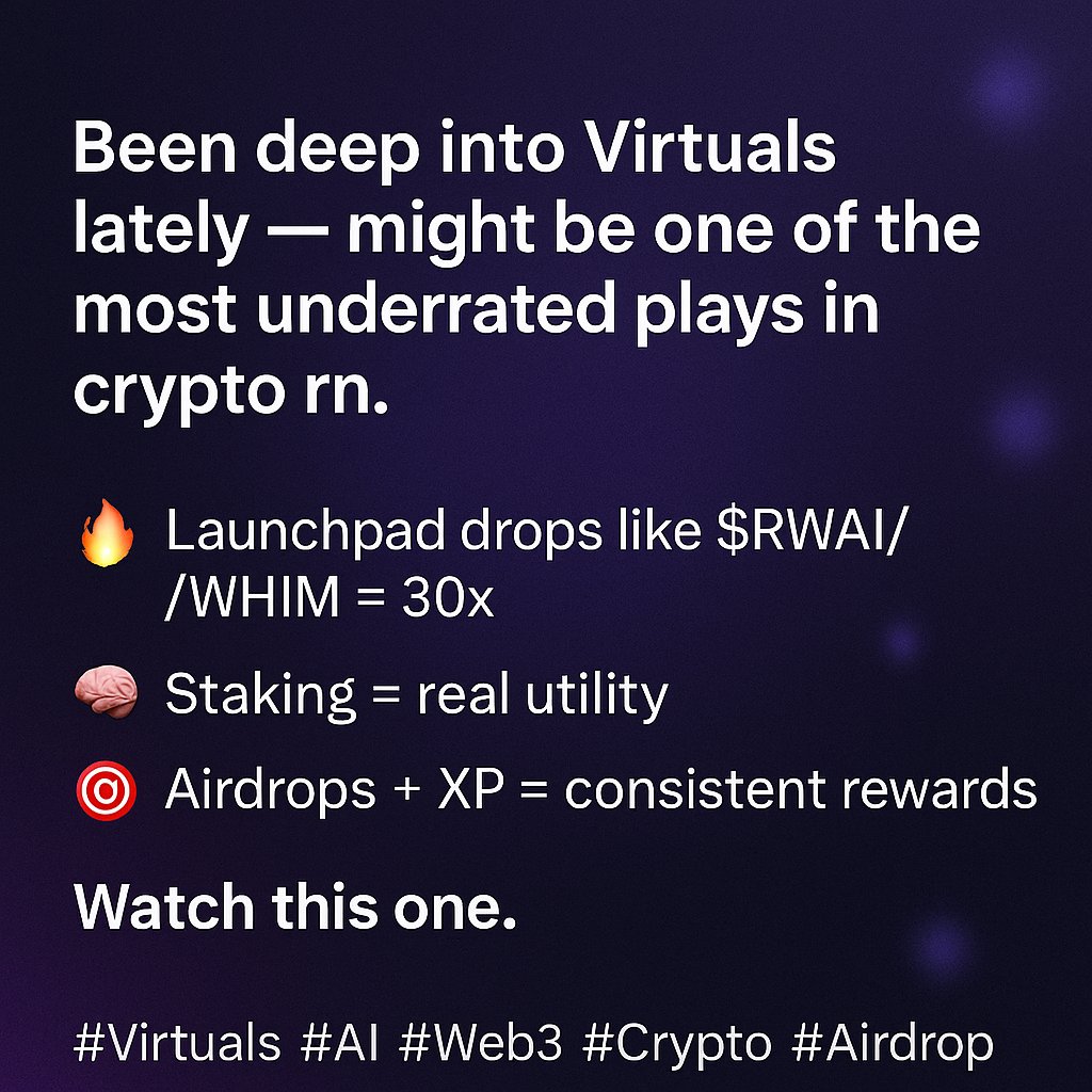 Been deep into Virtuals lately — might be one of the most underrated plays in crypto rn.
🔥 Launchpad drops like $RWAI/$WHIM = 30x
🧠 Staking = real utility
🎯 Airdrops + XP = consistent rewards
Watch this one.

#Virtuals #AI #Web3 #Crypto #Airdrop