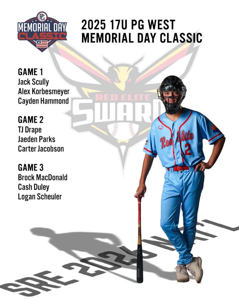 Swarm Red Elite (@swarmredelite) on Twitter photo 🔥Swarm Red Elite '26 Nat'l is locked in for the PG Memorial Day Classic West
🗓Tournament starts May 23
💥Pitching Rotation
<a href="/Jack_Scully5/">Jack Scully</a>, <a href="/Alex_AK47_korbs/">Alex Korbesmeyer</a>, <a href="/cahammond07/">Cayden Hammond</a>
TJ Drape, <a href="/JaedenParks13/">Jaeden Parks</a>, <a href="/Carterjacobso20/">Carter jacobson</a>
<a href="/Brock0813/">Brock MacDonald</a>, @Cash_duley, <a href="/LoganScheuler1/">Logan Scheuler</a>
#SwarmBaseball #RedElite 🔥Swarm Red Elite '26 Nat'l is locked in for the PG Memorial Day Classic West
🗓Tournament starts May 23
💥Pitching Rotation
<a href="/Jack_Scully5/">Jack Scully</a>, <a href="/Alex_AK47_korbs/">Alex Korbesmeyer</a>, <a href="/cahammond07/">Cayden Hammond</a>
TJ Drape, <a href="/JaedenParks13/">Jaeden Parks</a>, <a href="/Carterjacobso20/">Carter jacobson</a>
<a href="/Brock0813/">Brock MacDonald</a>, @Cash_duley, <a href="/LoganScheuler1/">Logan Scheuler</a>
#SwarmBaseball #RedElite