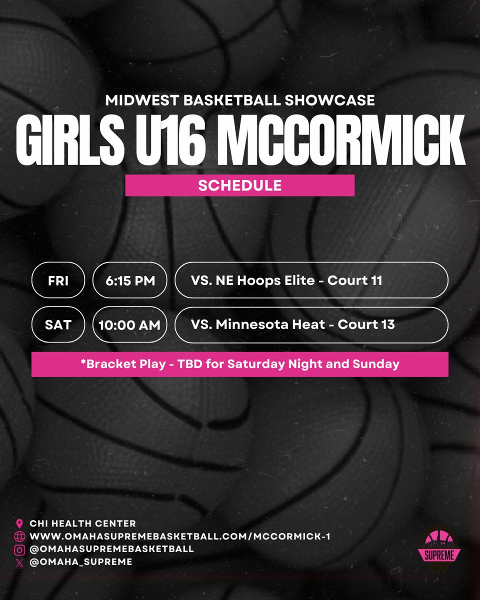 Omaha Supreme Girls U16 McCormick is back in action @ CHI Health Center for the Midwest Basketball Showcase this weekend! Check out their schedule below! 🏀🔥

Team roster: omahasupremebasketball.com/mccormick-1