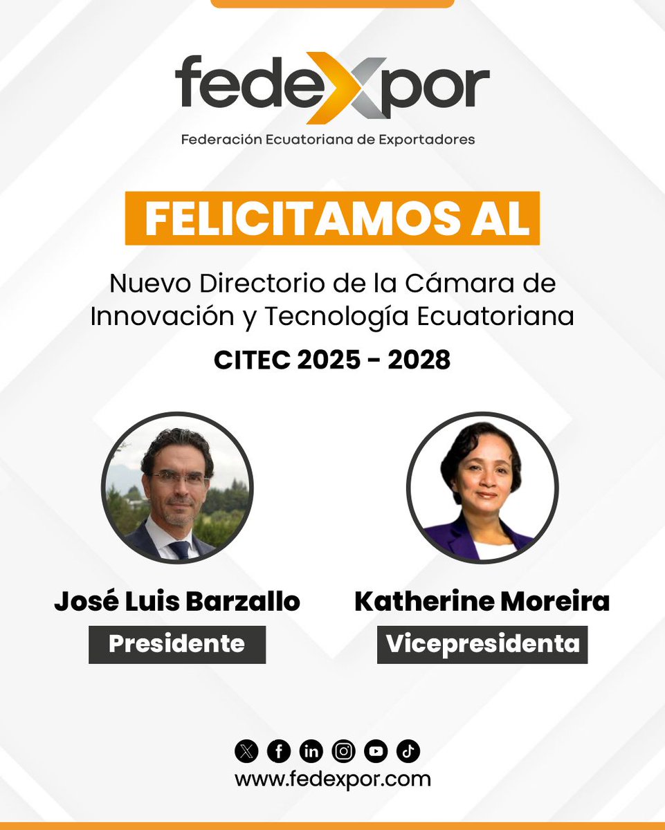 La Federación Ecuatoriana de Exportadores extiende una felicitación a José Luis Barzallo por su designación como Presidente del Directorio, así como a Katherine Moreira como Vicepresidenta de la Cámara de Innovación y Tecnología Ecuatoriana (CITEC), gremio afiliado de FEDEXPOR.