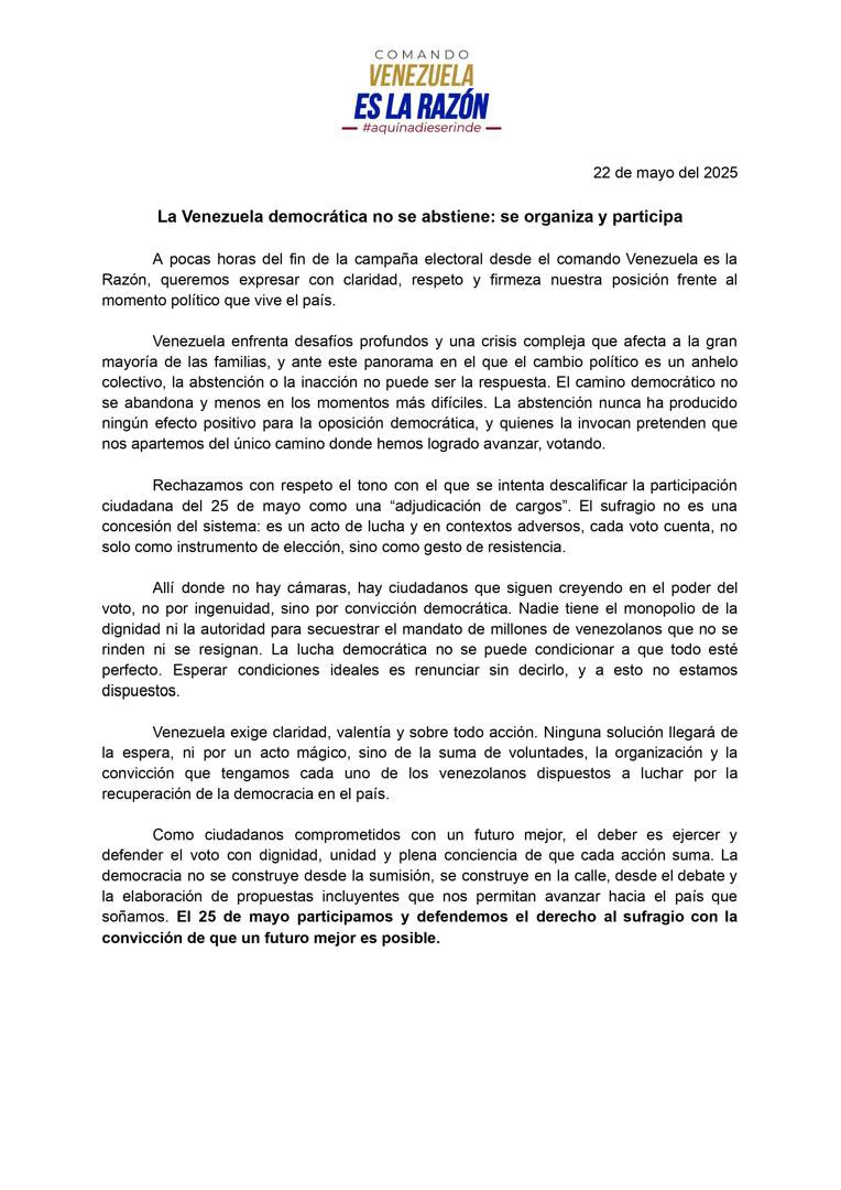 La democracia se construye en la calle, desde el debate y la elaboración de propuestas que nos permitan avanzar hacia el país que soñamos. El 25 de mayo defendemos el derecho al sufragio con la convicción de que un futuro mejor es posible.
#ApureEsLaRazon
<a href="/partidoUNT/">Un Nuevo Tiempo</a>