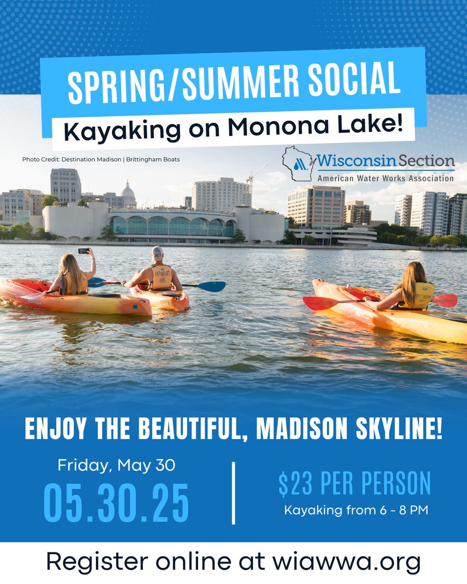 Looking for a refreshing way to wind down your week? Join the Young Professionals committee for an evening of kayaking on scenic Lake Monona! 🛶

📅 Friday, May 30.
⏰ 6:00–8:00 PM
💲 $23 per person

Register today! 🔗 wiawwa.org/events/EventDe…