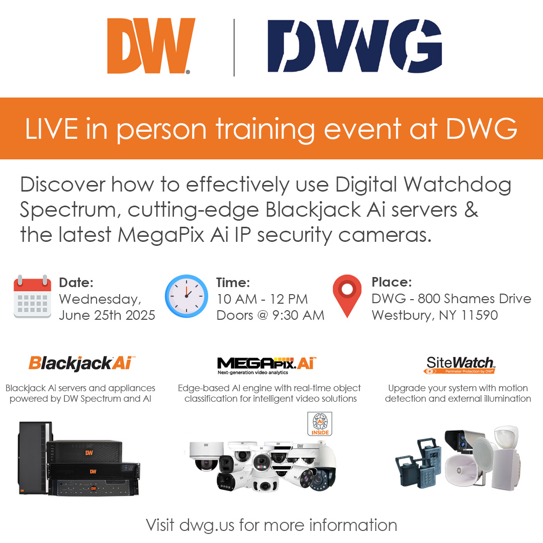 DWGDistribution's tweet image. 🚨 Calling All Security Dealers in NY &amp;amp; the Tri-State Area! 🚨 
Join us LIVE and In-Person for an exclusive Digital Watchdog Training Event at DWG!

For more information visit dwg.us

#DigitalWatchdog #DWG #VideoSurveillance #DWSpectrum #IPcameras