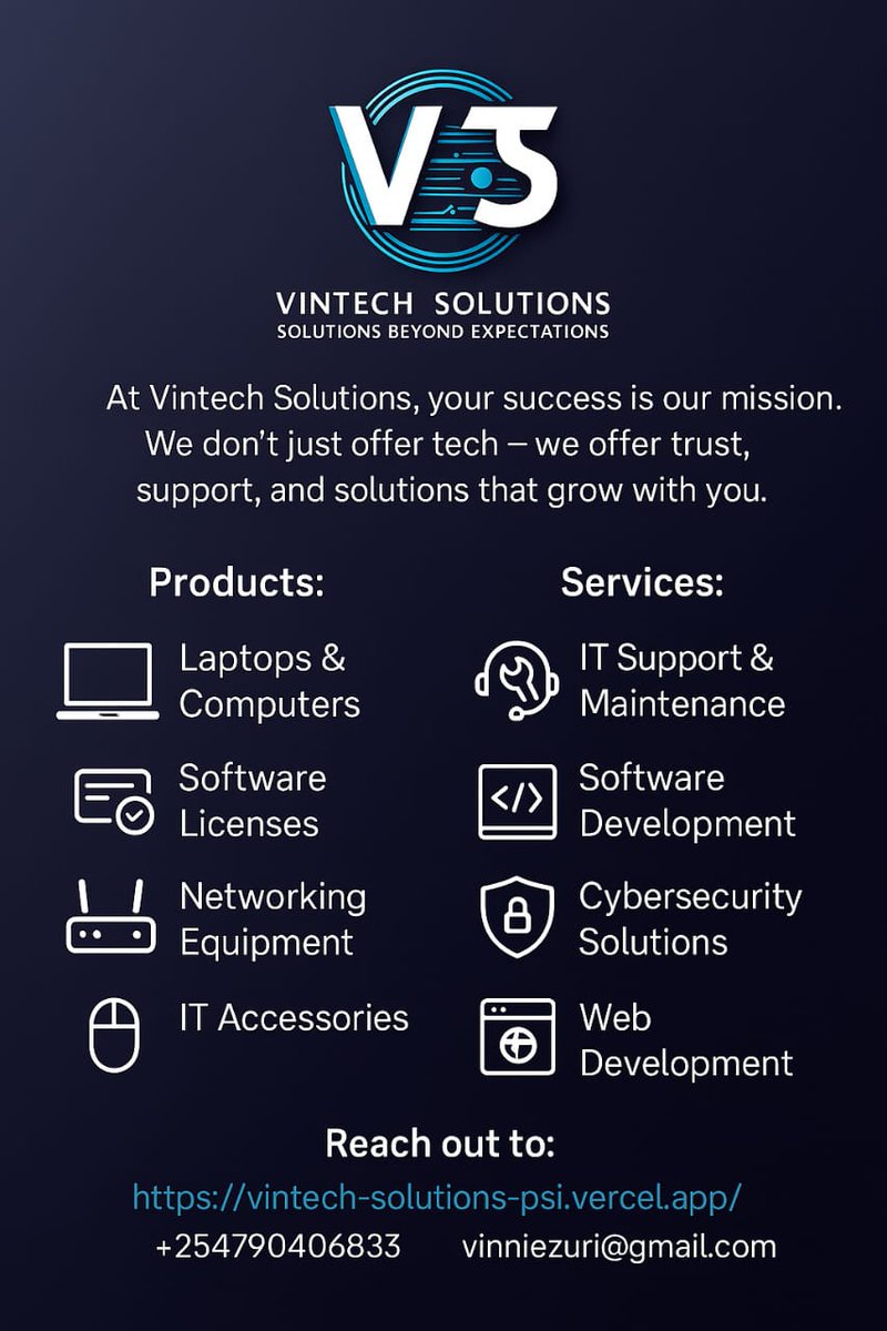 Vintech_ke's tweet photo. > 💡 Looking for IT services or tech products in Kenya?

✅ Web &amp; Mobile Dev
✅ Software Licenses
✅ Laptops &amp; Routers

📍 Fast, affordable, reliable.

🌐 Visit: https://t.co/Bz5SevK4ZX

#TechKenya
 #VintechSolution 
#ITSupport https://t.co/EeL8aJW6rz