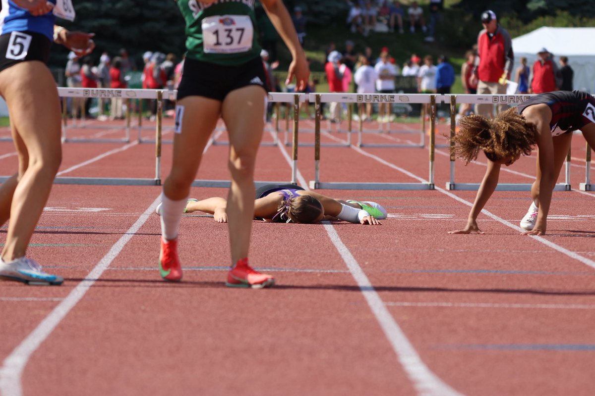 PrepRunningNerd's tweet photo. The winner of the Class A 300 hurdles. Yeah, that one on the ground, Celia McCoy of Grand Island. https://t.co/wiOQBqwCfT