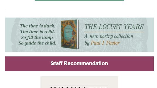 Honored to see The Locust Years listed as a Staff Recommendation from the wonderful people at  <a href="/Image_Journal/">Image</a> today!

Only a few days left to preorder the hardcover at a special discount. Go over to <a href="/WisebloodBooks/">Wiseblood Books</a> and get yours: 

wisebloodbooks.com/store/p156/The…