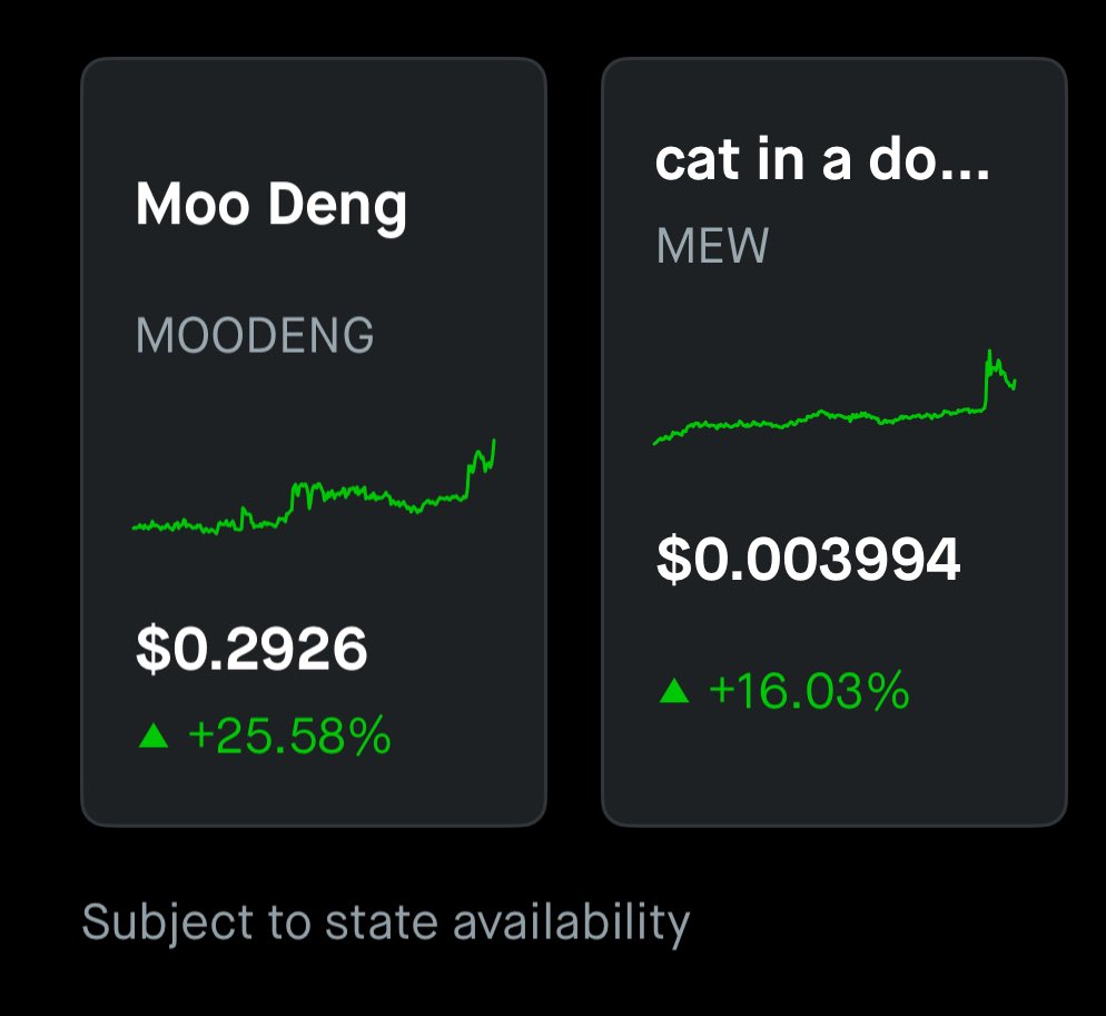 $MEW &amp; $MOODENG now available on ⁦<a href="/RobinhoodApp/">Robinhood</a>⁩. 👍🏼 
$HOOD looking good. 👀