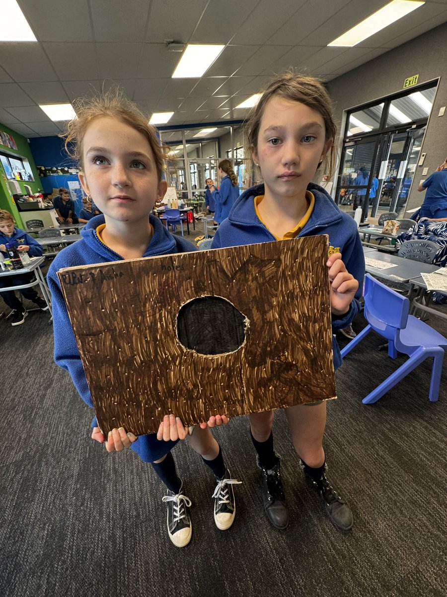 room13nerds's tweet photo. Aisha and Piper made a ‘hole’ out of cardboard. 🕳️ @ChapterChatNZ https://t.co/tGjnmjD97R