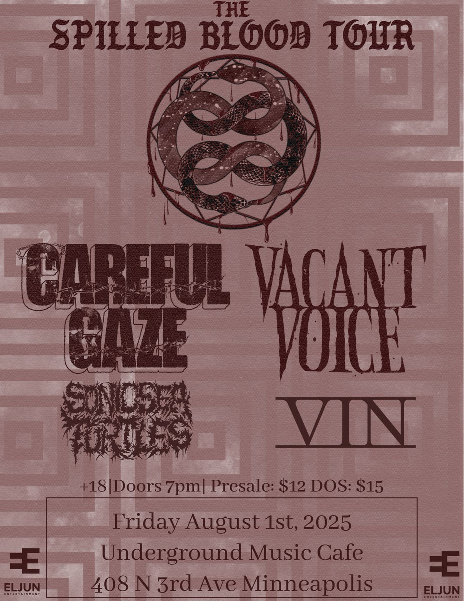 Underground Music Venue (@undergroundmv) on Twitter photo π¨ NEW SHOW ALERT!π¨
CAREFUL GAZE <a href="/carefulgaze/">Careful Gaze</a>
VACANT VOICE <a href="/vacantvoicewi/">Vacant Voice</a>
SONIC SEA TURTLES
VIN
ποΈ Friday, August 1st
β° 7 pm doors
ποΈ $12 adv $15 dos
πͺͺ 18+
TICKETS β‘οΈ link.dice.fm/lca204770bae π¨ NEW SHOW ALERT!π¨
CAREFUL GAZE <a href="/carefulgaze/">Careful Gaze</a>
VACANT VOICE <a href="/vacantvoicewi/">Vacant Voice</a>
SONIC SEA TURTLES
VIN
ποΈ Friday, August 1st
β° 7 pm doors
ποΈ $12 adv $15 dos
πͺͺ 18+
TICKETS β‘οΈ link.dice.fm/lca204770bae