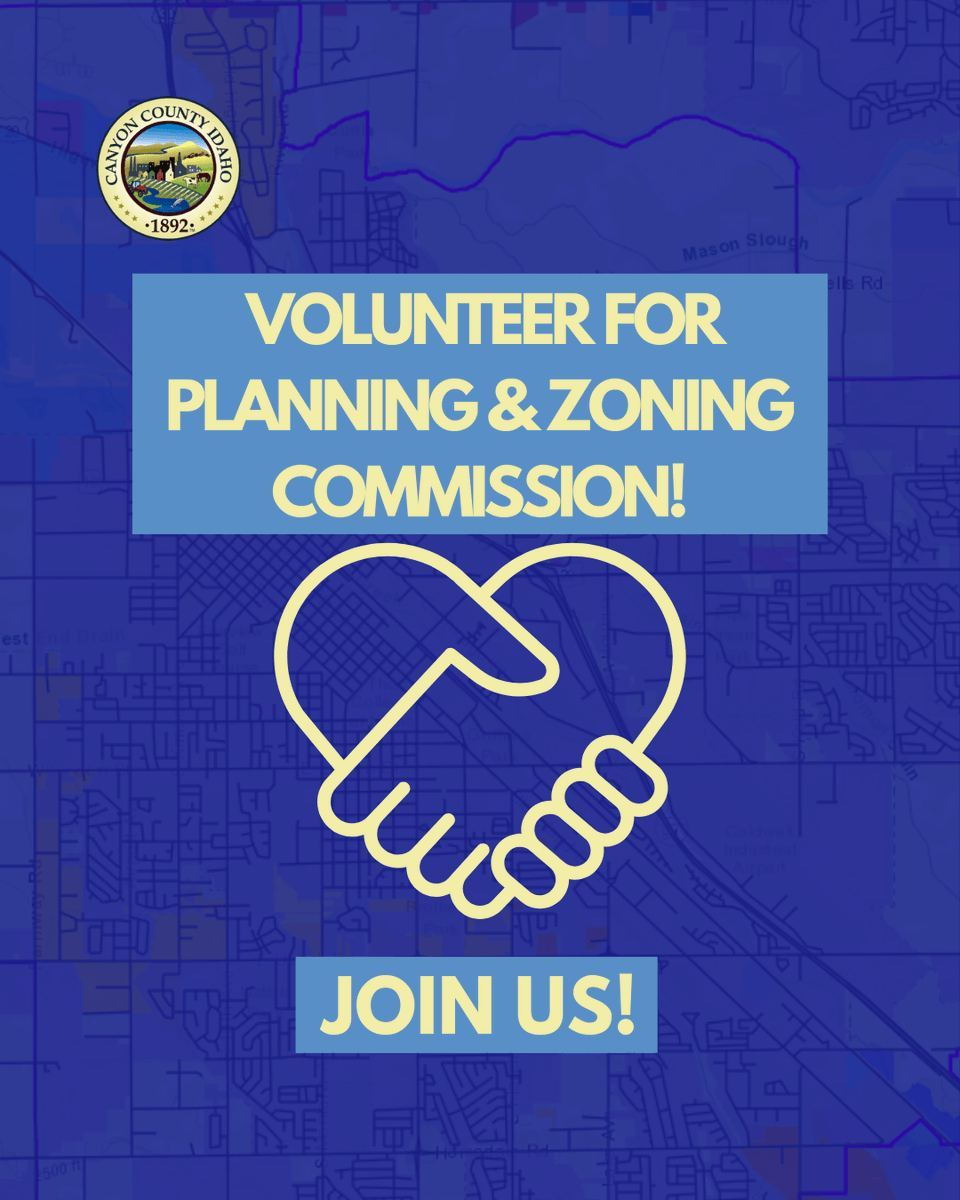 Canyon County is currently accepting applications to fill two volunteer seats on the Planning &amp; Zoning Commission! 

For more info, please go to: 

canyoncounty.id.gov/canyon-county-…

#CanyonCounty #VolunteerOpportunity #PlanningAndZoning