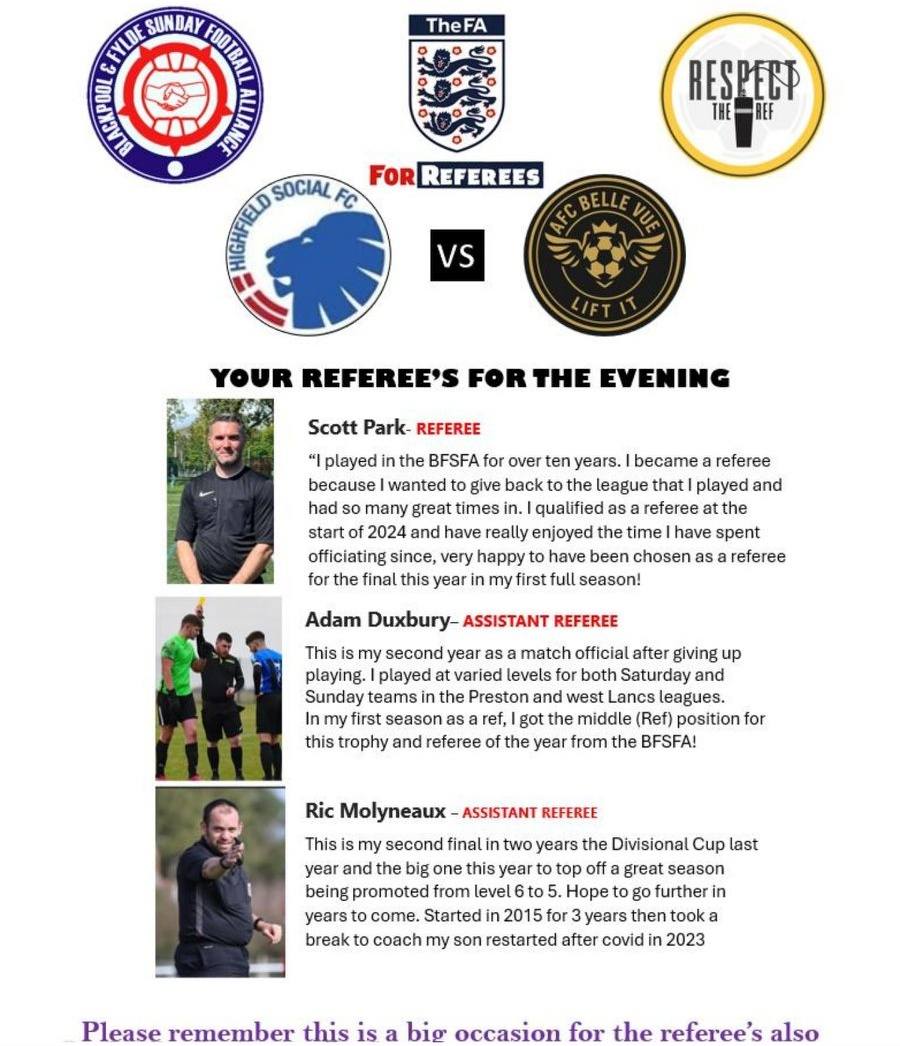 Good Luck and Congratulations to all Officals who have been appointed to a Cup Final on Friday evening at Bloomfield Road